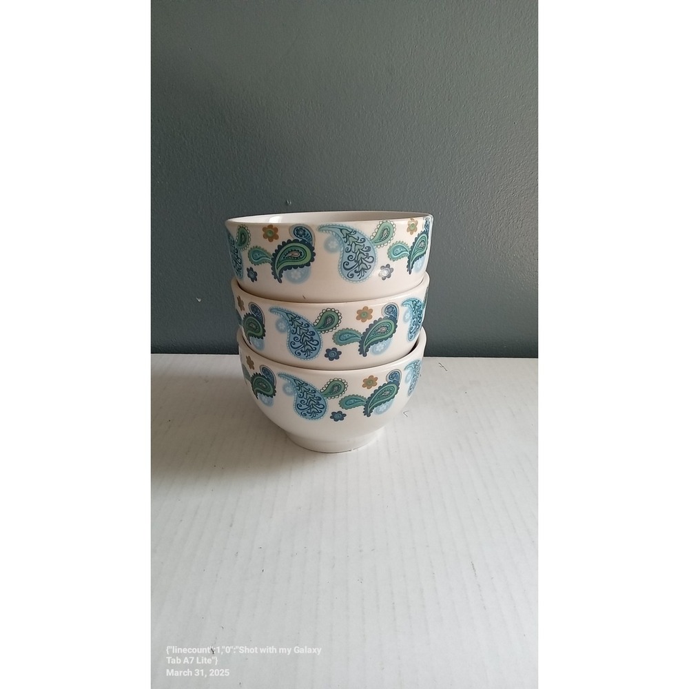 Set of 3 Blue Paisley Floral Ceramic Bowls‎ White Teal Boho Cereal Soup Bowls